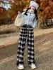 Pantalones de Franela de Lana a Cuadros para Mujer en Invierno, de Cintura Alta, Holgados, Casuales, de Largo hasta el Suelo, Pantalones Rectos Estrechos, de Pierna Ancha con Caída