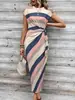 Vestido Largo Rayado de Cuello Redondo y Manga Corta con Cinturón Estilo Elegante Transfronterizo Vestido de Verano para Mujer