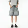 Verão 2026 Novo Calça de Cinco Pontas Americana Retrô Azul de Cintura Alta Wide-Leg Solta Emagrecimento Calça de Perna Reta com Efeito Drapê