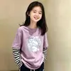 Camiseta de manga larga de algodón puro con retazos para niñas, look de dos piezas para primavera y otoño, cuello redondo, camiseta básica elegante, top de moda versátil estilo coreano