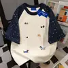 Camiseta de Algodão 100% Puro Estilo Coreano Nicho Desenho Animado Verão Solta Modeladora Casal Estrela Manga Curta Patchwork Top