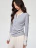 260g Ecocos Elegante Nuevo Contraste Falso Dos Piezas Cuello Redondo Botones Camisa de Manga Larga Camiseta Top de Otoño para Mujer