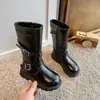 Botas Altas de Moda para Niñas Estilo Coreano con Hebilla 2026 Otoño/Invierno Nuevas Botas de Cuero Cálidas de Doble Algodón Botas Largas de Princesa