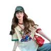 Camiseta de retalhos color-blocking em algodão puro para mulheres, estilo preguiçoso, moderna, estilosa, solta, para mulheres plus size, top que cobre a barriga