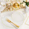 Platos de Plástico Dorado Transparentes - Platos Transparentes con Borde de Encaje Elegante con Ribete Dorado Martillado Platos Desechables para Cena