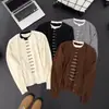 Cardigan de tricô estilo coreano, look de duas peças color block listrado com gola redonda, um top versátil e modelador de manga longa para mulheres, perfeito como suéter de outono ou peça externa.