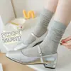Meias Cinzas de Bezerro Estilo Ballet, Meias Finas Lisas Doces Franzidas para Mulheres, Meias Respiráveis de Malha até o Meio da Panturrilha com Laço, Versátil