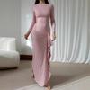 Moda Transfronteriza Vestido de Noche para Mujer Elegante Cuello con Hombro Descubierto Plisado Cuello Alto Manga Larga Vestido Irregular