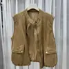 Colete Vintage de Camurça com Zíper e Gola Redonda para Mulheres, Casual de Outono Sofisticado Camada Sem Mangas Top Solto