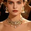 Conjunto de Colar e Brincos com Franja de Cristal em Forma de Gota Cheio de Diamantes Estilo Retro Indiano, Joia Estilo Palácio, Mais Vendido Transfronteiriço