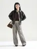 Jaqueta de Couro Estilo Coreano Maillard para Meninas 2026 Outono Novidades Infantis Retro Gola Lapela Solta Peça Superior Outerwear Tendência