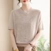 Camisa de Verano de Manga Corta de Seda de Hielo Jacquard para Mamá 2025 Nuevo Estilo Chino Camiseta de Punto para Mujer de Mediana Edad Top Reductor de Edad