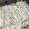 Pijama Rayado de Osito de Algodón Nube Lindo para Primavera y Otoño para Mujer, Casual, Manga Larga, Pantalón Largo, Estudiante, Se Puede Usar Fuera de Casa, Ropa para el Hogar