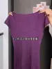 Top Base Morado Sexy de Cuello en U Amplio para Mujer, Ropa Interior Acanalada Estilo Bm de Verano, Suéter de Punto Delgado que Ceñe la Cintura con Mangas Cortas Volantes
