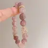 Pulseira de Cristal Rosa Natural com Contas, Simples e Doce Fio de Contas Flor de Pessegueiro Joias, Temperamento Fresco para Mulheres, Gato da Sorte