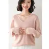 Primavera Novo Estilo Tricô Gola Redonda Enrolada Camiseta Feminina de Manga Comprida Curta para Usar por Baixo Estilo Coreano Solto Tamanho Grande Tricô Decote Baixo