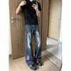 Calça Jeans Patchwork Retro Listrada Azul Micro Flare para Homem Estilo Outono Vibe Americana Calça de Caimento Limpo Perna Reta