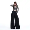 Calça jeans casual feminina preta de cintura alta com perna larga, design de cós dobrável com dois botões, solta e que emagrece