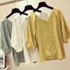 Blusa Algodão Seda Decote V para Mulheres 1688 Moda Outono Ajuste Slim Top Estiloso Blusa Solta e Emagrecedora