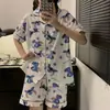 Sudeste Asiático Sudeste Asiático transfronteiriço Azul simples verão manga curta shorts pijama Conjunto de roupas para casa feminino