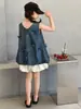Traje para Niña 2025 Nuevo Verano Delgado Mediano y Grande Estilo Coreano Vaquero Falda con Lazo y Flores Conjunto de Dos Piezas