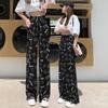 Pantalones de Seda de Hielo de Verano Pantalones Estampados Retro Elegantes Estudiante Sueltos Talla Grande Delgados ins Trendy Cintura Alta Drapeados Pierna Ancha