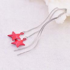 星星耳线长款流苏韩国简约个性气质几何立体红色五角星耳环女