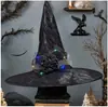 Novo Chapéu de Bruxa Aranha de Halloween com Luz LED Chapéu de Bruxa de Tecido Oxford Preto Chapéu de Mago Aranha com Flor