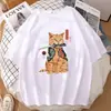 Nova Camiseta 2025 com Gato de Desenho Animado Estilo Japonês Mordendo uma Faca Estampa Criativa, Camiseta Casual Solta Tamanho Grande, Dropshipping Disponível