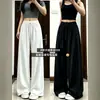 Calça larga plissada com cordão e cintura elástica, calça longa fluida, calça reta casual leve e respirável de verão