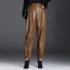 Pantalones harén de cuero de moda para mujer, nuevos pantalones casuales rectos ajustados de cuero PU, otoño e invierno 2026