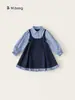 Vestido de manga larga Bongxuan para niños mayores, colección de otoño, estilo preppy, vestido largo con volantes para niños, falso dos piezas, elegante vestido para niña