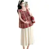 En stock Conjunto para Mujeres Embarazadas Vestido de Verano Cuadros Rojos Sin Mangas Camisa Tipo Muñeca Top Falda Grande Ondulada de Soporte para el Vientre para Mujeres Embarazadas Conjunto de Dos Piezas