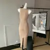 Vestido sin mangas de color Té con Leche Muse Francés con Cuello Redondo Pequeño para Mujer, Primavera y Otoño, Vestido Largo que Ceñe la Cintura, Mezcla de Algodón, Corte Ajustado