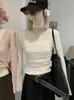 Camiseta feminina KEKEZOON estilo delicado, retalhos em malha, gola quadrada, plissada, manga longa, top outonal slim fit 9105