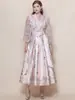 Foto Real de un Vestido Vintage Estilo Corte para Mujer con Cinturón de Lazo, Cuello en V, Mangas de Farol, Estampado y Falda Amplia