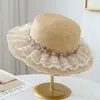 Sombrero de Paja Nuevo de 26 Años con Copa Plana, Estilo Vintage Campesino Dulce con Encaje Fruncido, Bordado Floral, Protector Solar y Transpirable