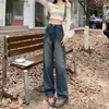 Jeans Vintage de Perna Larga Estreita para Mulheres, Novo Verão 2025 Calças de Cintura Alta Lavadas Retas Soltas Caídas Comprimento Total