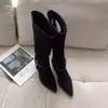 Novedad Otoño/Invierno 2025 Botas Largas con Puño, Punta Fina, Hebilla de Cinturón Tejida, Tacón Grueso, Botas de Montar Delgadas de Ante