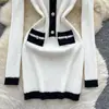 Vestido de Punto Elegante de Manga Larga, Color Block Chic de Alta Gama Estilo Francés, Cuello en V, Hebilla Metálica, Adelgazante