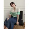 Top de estilo francés retro con cuello polo a rayas azules y blancas para mujer, verano, hombro ancho holgado, algodón puro, tejido de punto, manga corta, camiseta fina