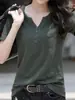 Camiseta de Manga Curta para Mulheres com Decote V, Caimento Solto e Efeito Emagrecedor, Estilo Coreano Verão 2026 Tamanho Grande Cor Sólida Simples Top de Meia Manga