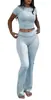 Conjunto casual de dos piezas para mujer, superventas transfronterizo europeo y americano, para entrenamiento: conjunto deportivo de camiseta de cuello redondo y pantalones acampanados de tiro bajo