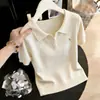 Camisa de Punto Bordada de Manga Corta con Cuello Azul Claro para Mujer, Nuevo Verano 2026 Estilo Dopamina, Top Elegante y Versátil