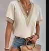 2024wish transfronterizo ebay Amazon blusa holgada de encaje con cuello en V para mujer, camisa de manga corta con temperamento para ir al trabajo para mujer