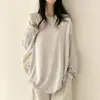 Camiseta Simple de Color Sólido de Manga Larga Estilo Coreano Perezoso para Mujer en Primavera y Otoño, Tacto de Alta Gama, Ajuste Holgado, Top Básico de Algodón Puro