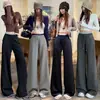 Foto real de calças femininas cinzas de corte slim com pernas largas, nova coleção de outono 2026, calças de moletom esportivas casuais de yoga de perna reta fluidas, corte solto