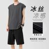 [Conjunto de 2 piezas] Chaleco fresco de seda de hielo y shorts para hombre, verano, delgados, transpirables, de secado rápido, camiseta sin mangas de malla, pantalones