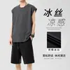 Conjunto Deportivo de Seda de Hielo de Secado Rápido para Hombre Verano Chaleco Shorts Pantalones de Cinco Puntos Finos Transpirables para Fitness Running Moda