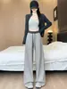 Pantalones casuales de pierna ancha rectos de tiro alto de color gris bloqueado estilo americano para mujer, nueva colección de otoño, adelgazantes y fluidos